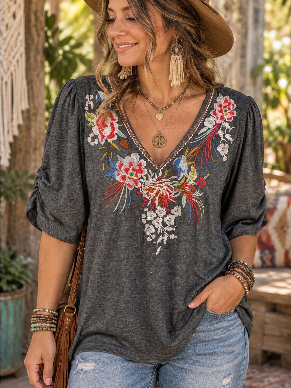 Solitaire Charcoal Embroidered V-Neck Tunic
